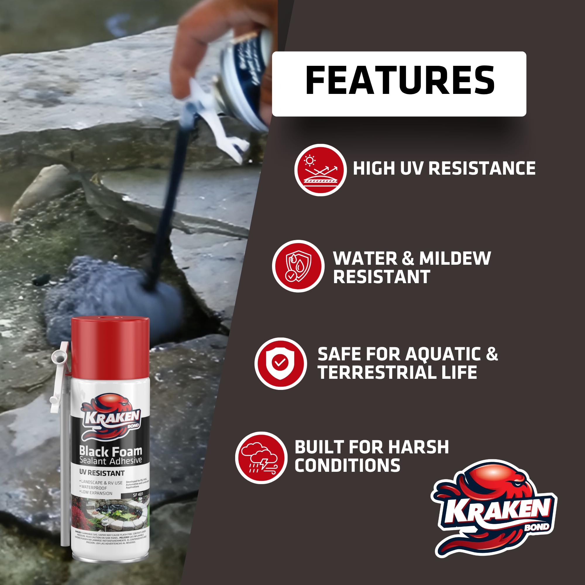 Kraken Bond black foam waterfall seal for seamless integration and gap filling.