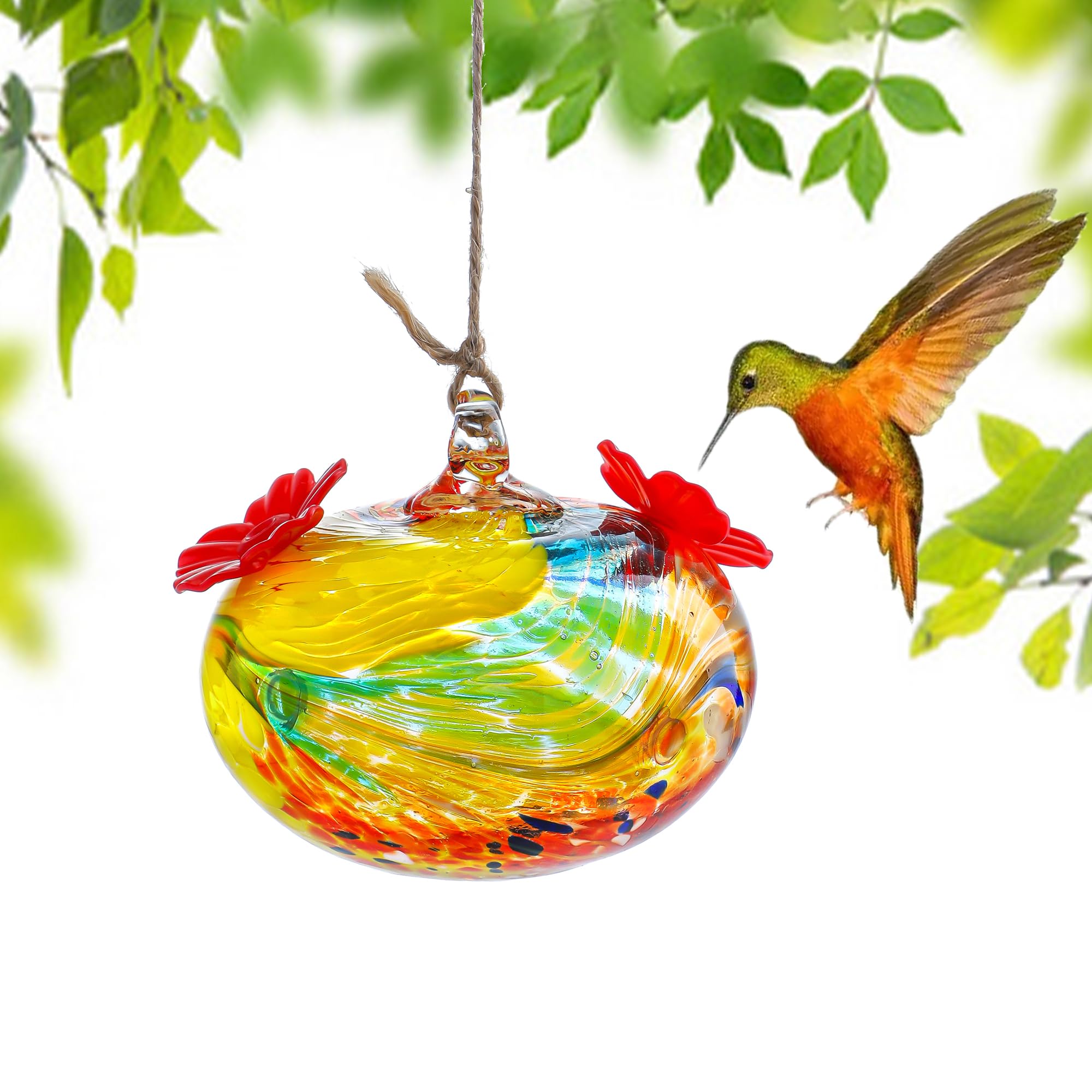 KRISININE 3-inch hand blown glass hummingbird feeder with 2 ports attracts visitors.