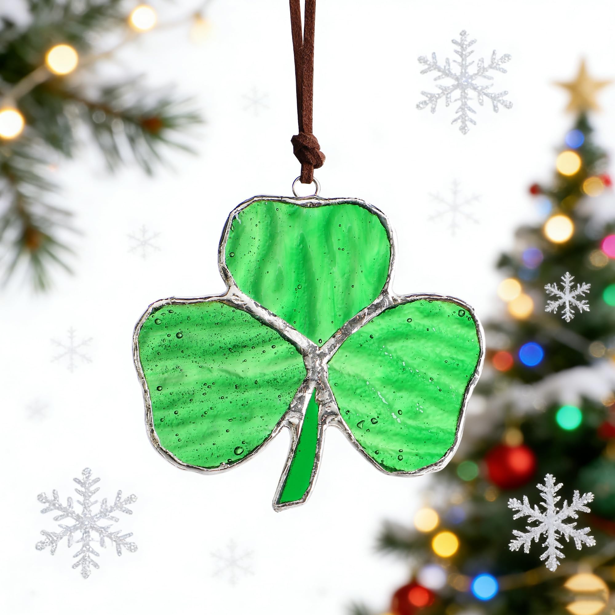 KRISININE close-up of shamrock glass showing craftsmanship and vibrant hues.