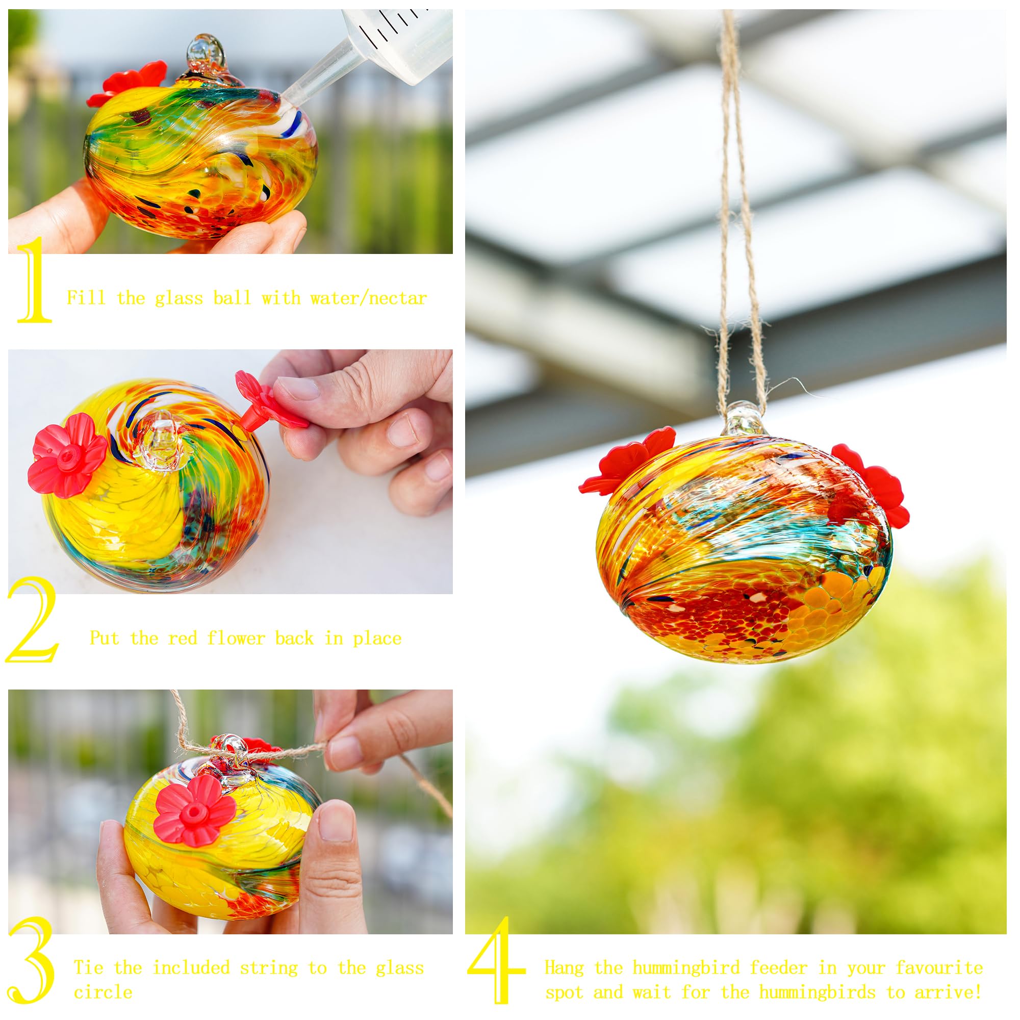 KRISININE glass hummingbird feeder with red flower feeding ports.