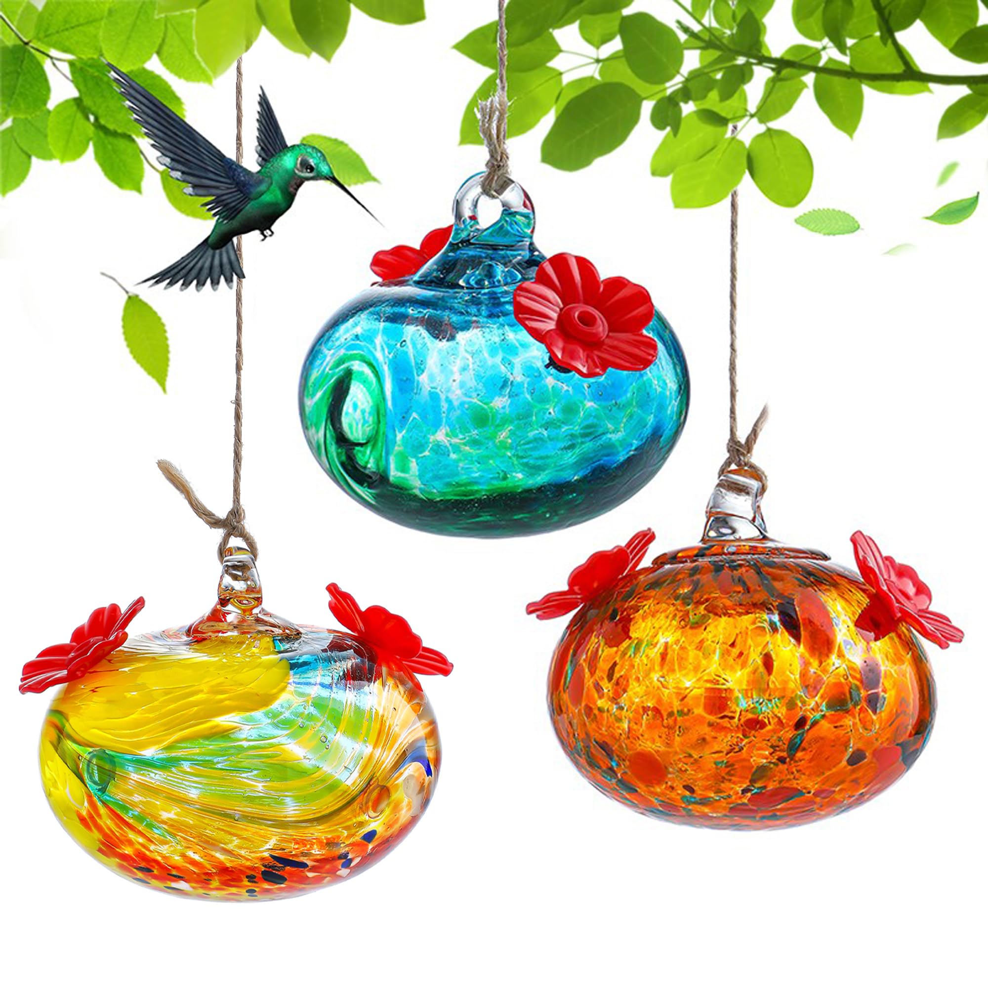 KRISININE handblown glass hummingbird feeder with rose port attracts birds outdoors.