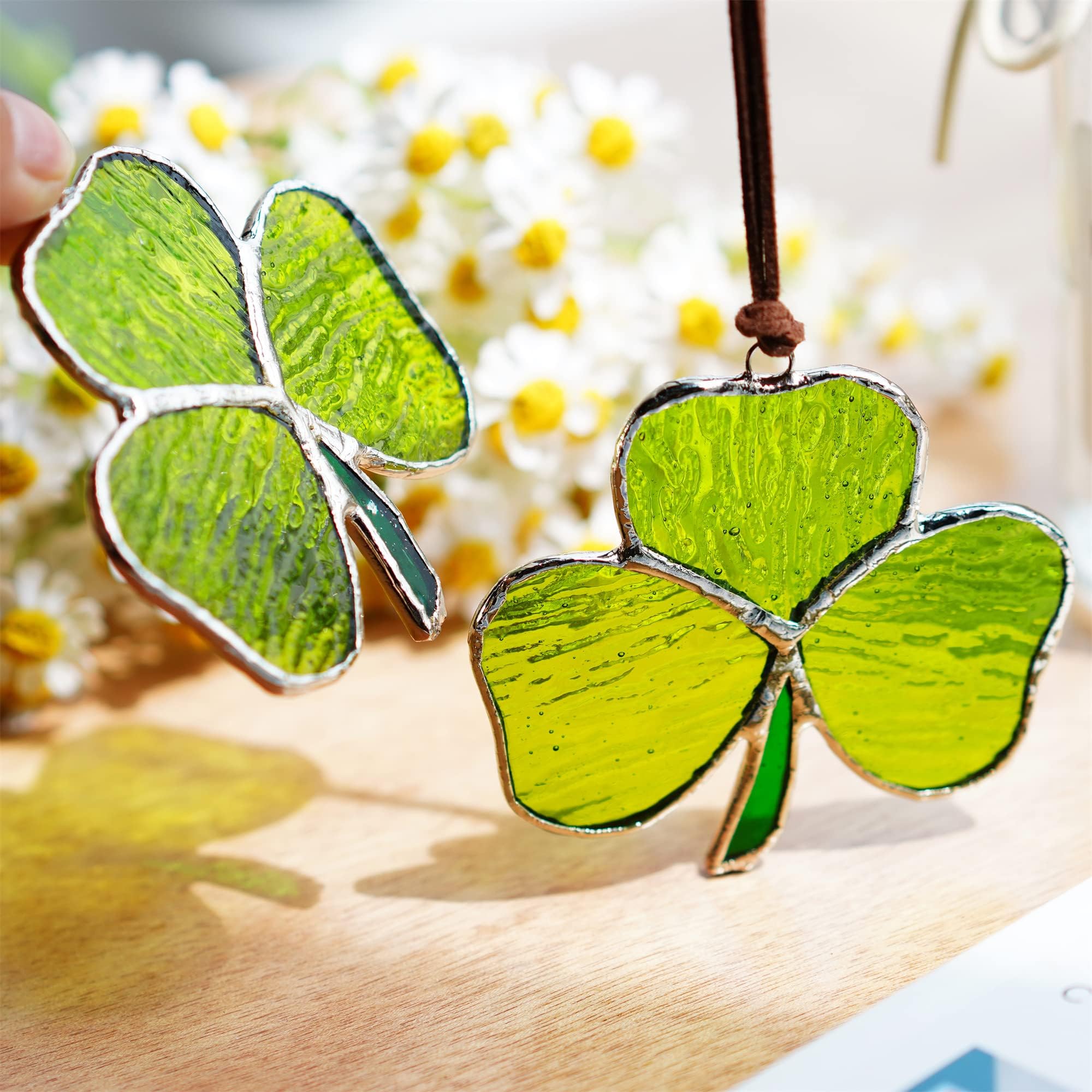 KRISININE stained-glass panel shamrock reflecting colorful light across the room.