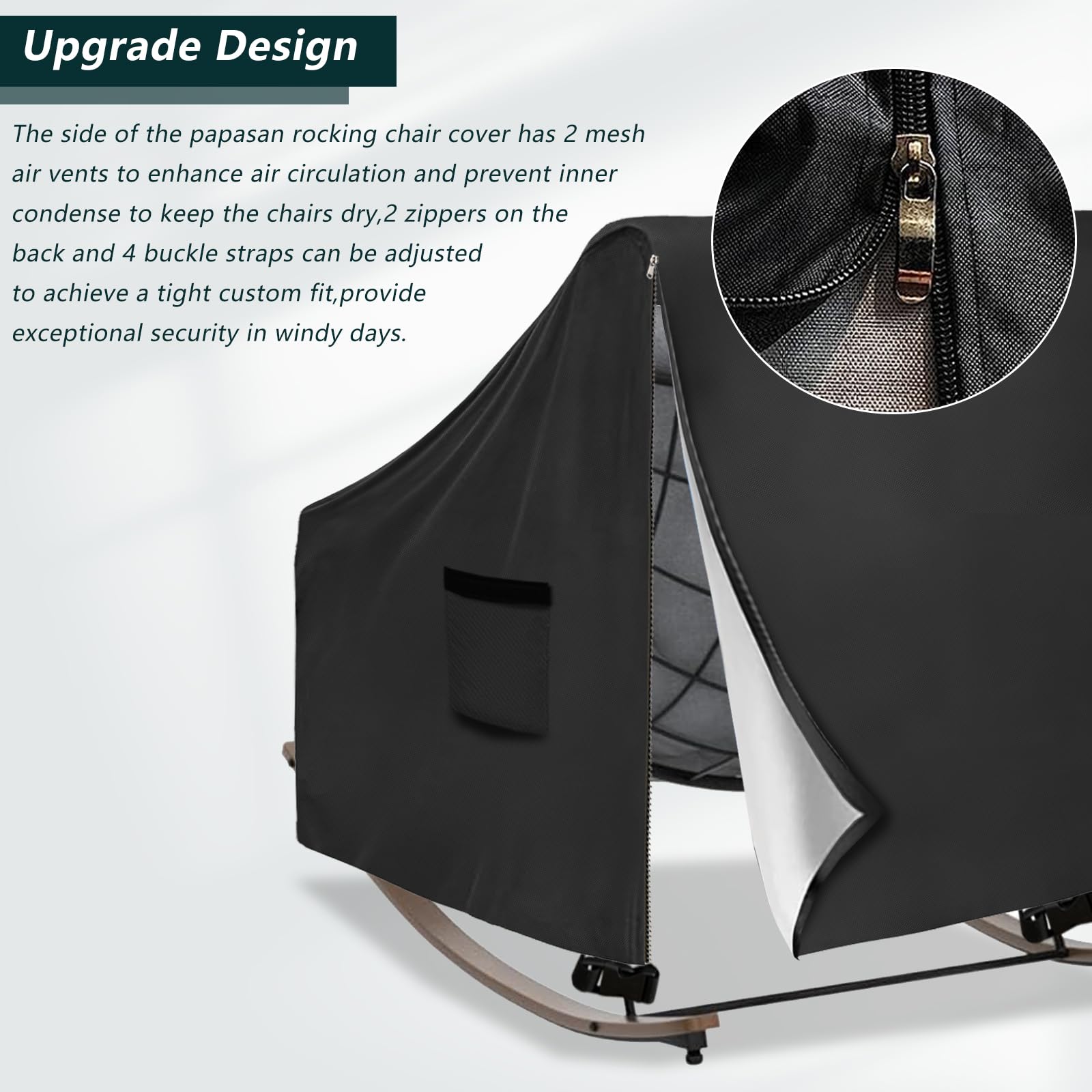 Krismile buckle straps adjust to keep the chair protected during windy conditions.