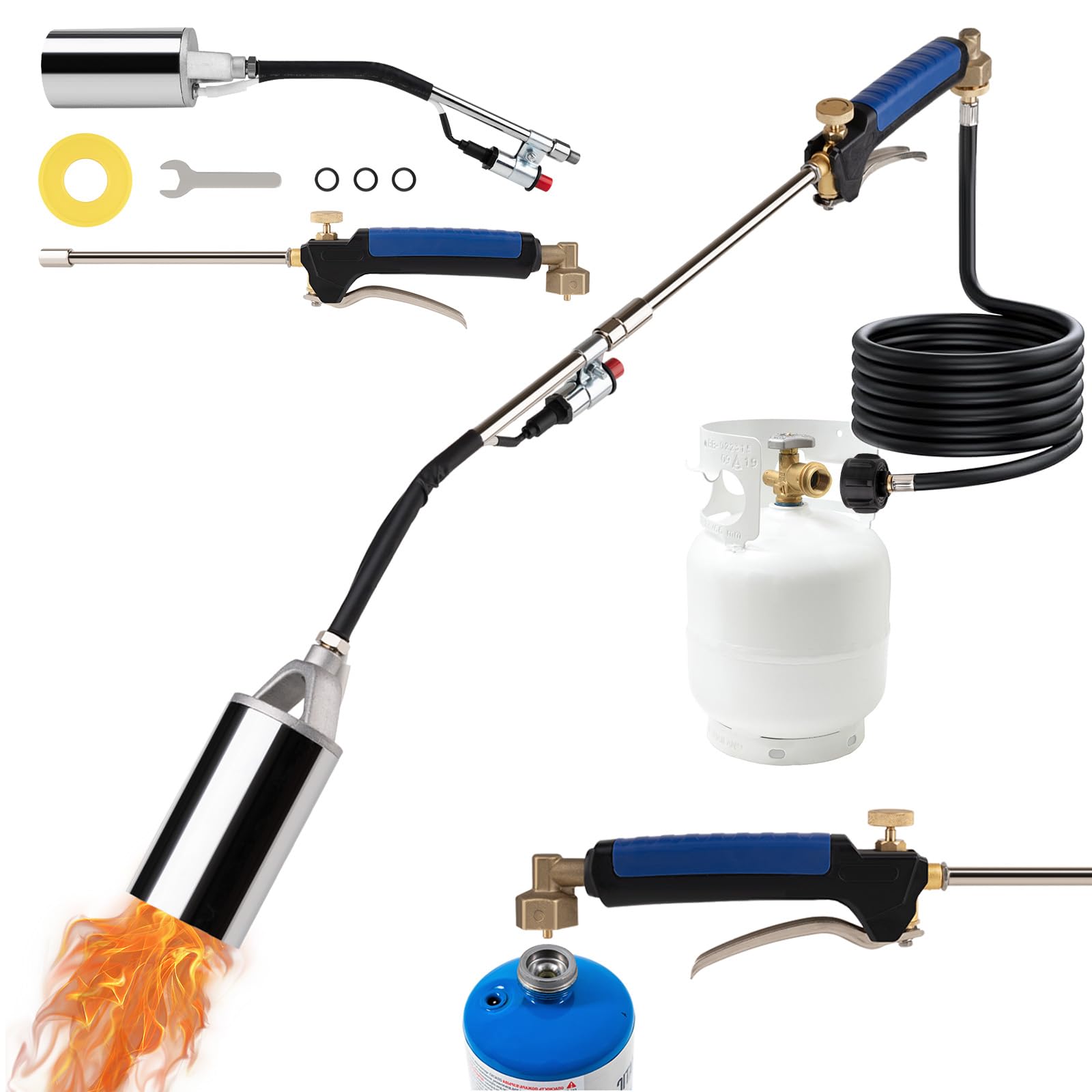 Krismose propane torch with 10ft hose enabling reach for weeds between stones.