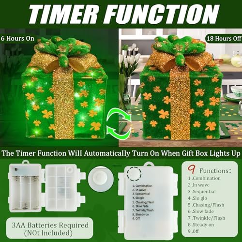 Krissing gift boxes with shamrock bows add glittering holiday charm.