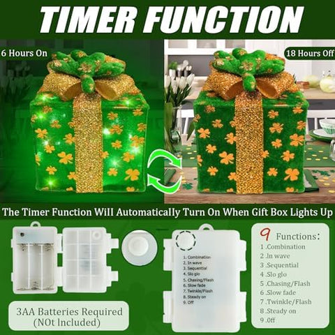 Krissing gift boxes with shamrock bows add glittering holiday charm.