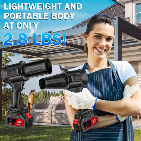 Krodrch cordless blower used in garage, patio, sidewalk for versatile yard maintenance.