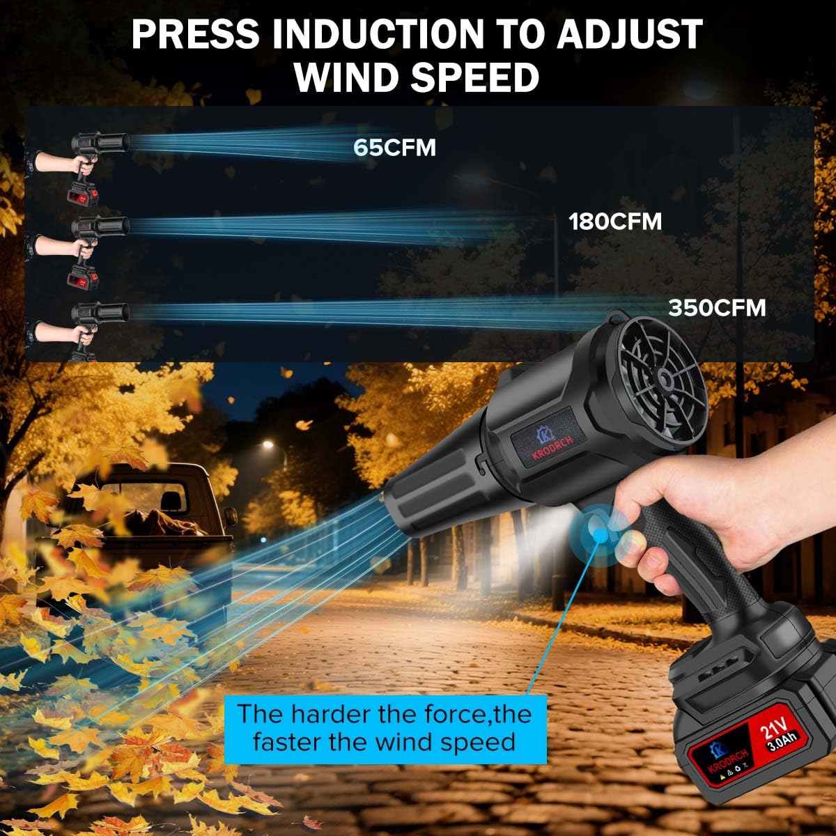 Krodrch cordless blower requires no assembly and starts quickly for easy cleanup.