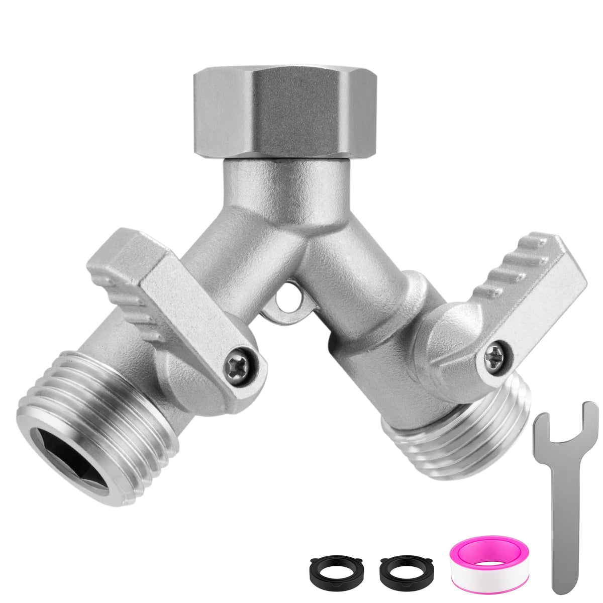 Kruuvax garden hose splitter 2-way in heavy-duty stainless steel for durability.