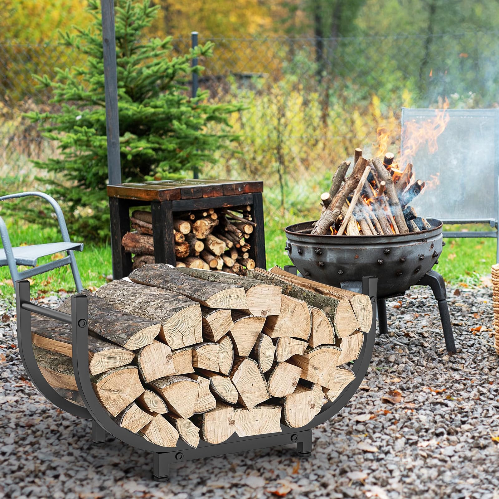 KRZKRZ firewood rack indoor-outdoor illustrates heat-resistant design for versatile placement.