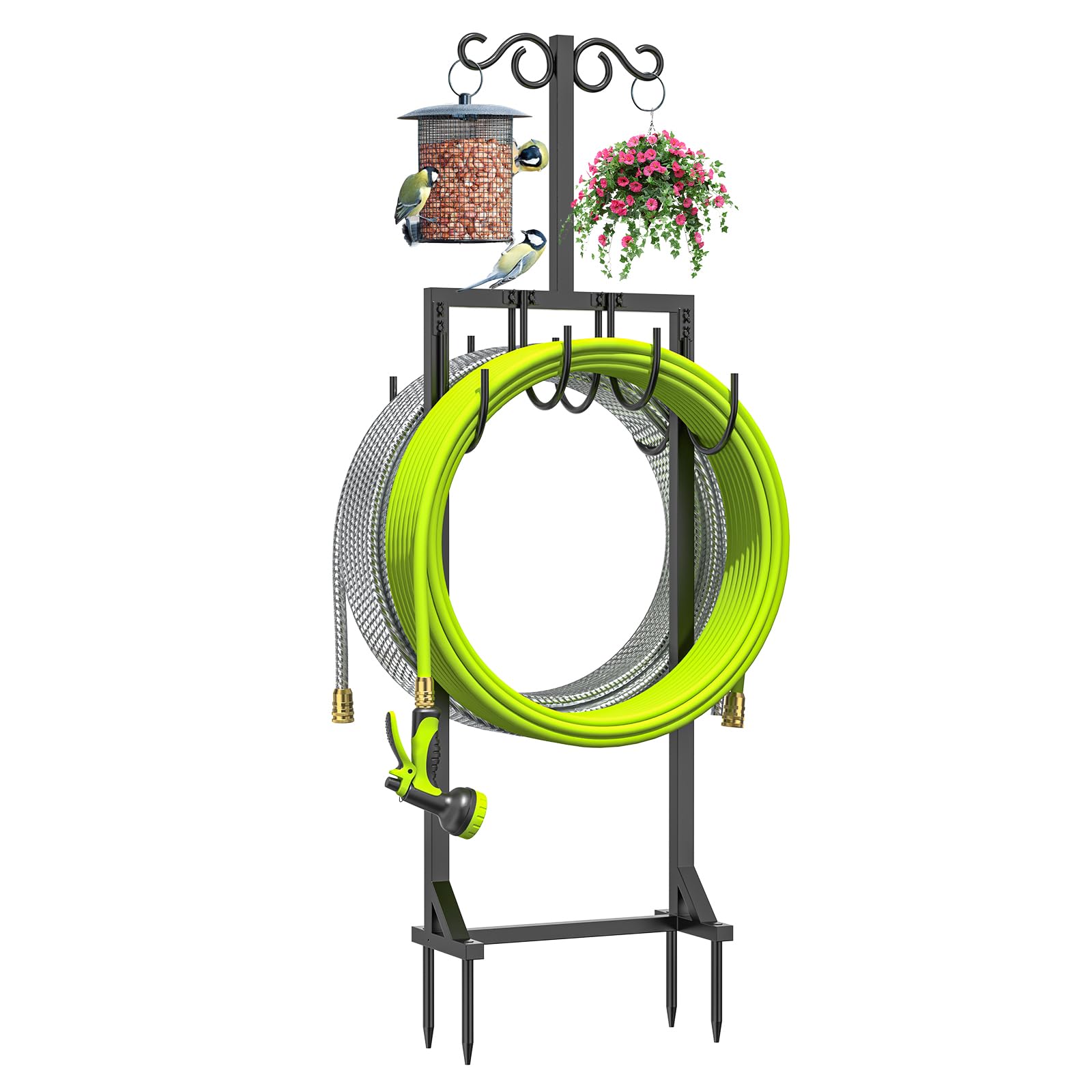 KRZKRZ heavy-duty hose holder with side hooks keeps hoses tidy outdoors.