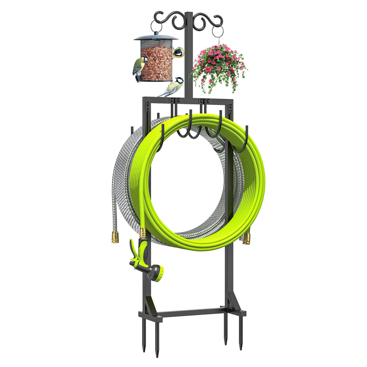 KRZKRZ heavy-duty hose holder with side hooks keeps hoses tidy outdoors.
