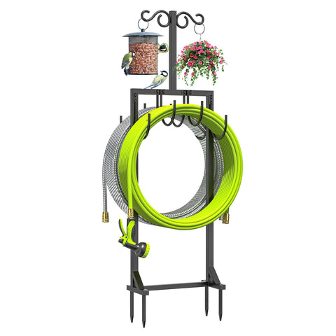 KRZKRZ heavy-duty hose holder with side hooks keeps hoses tidy outdoors.