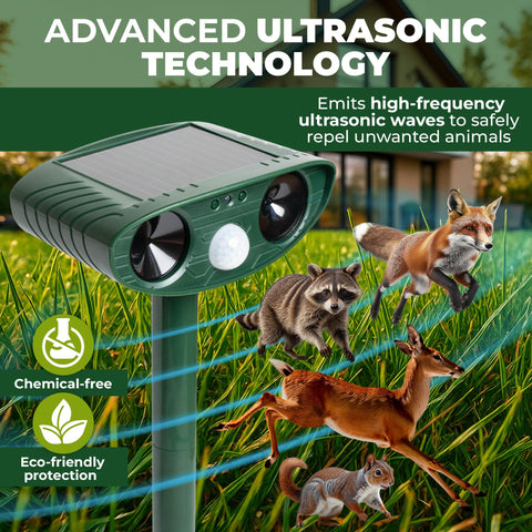 KS SHOP Upgraded Solar Ultrasonic Animal Repellent side view ready for installation in yard