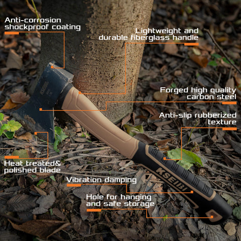 KSEIBI hatchet blade close-up highlights forged edge for efficient wood splitting.