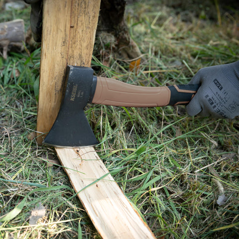 KSEIBI hatchet with 14-inch handle provides balanced power.