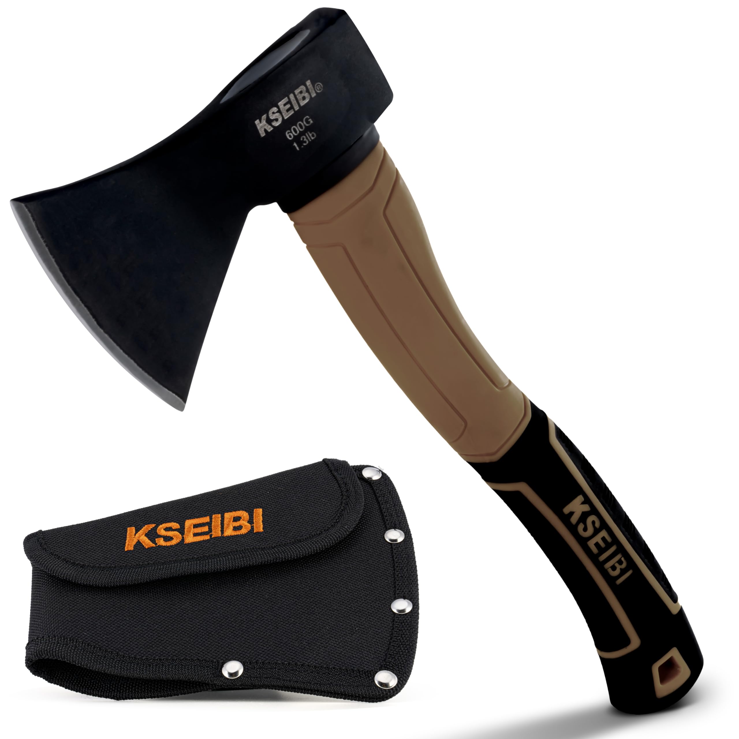 KSEIBI hatchet with sheath shown for safe transport and quick campfire prep.