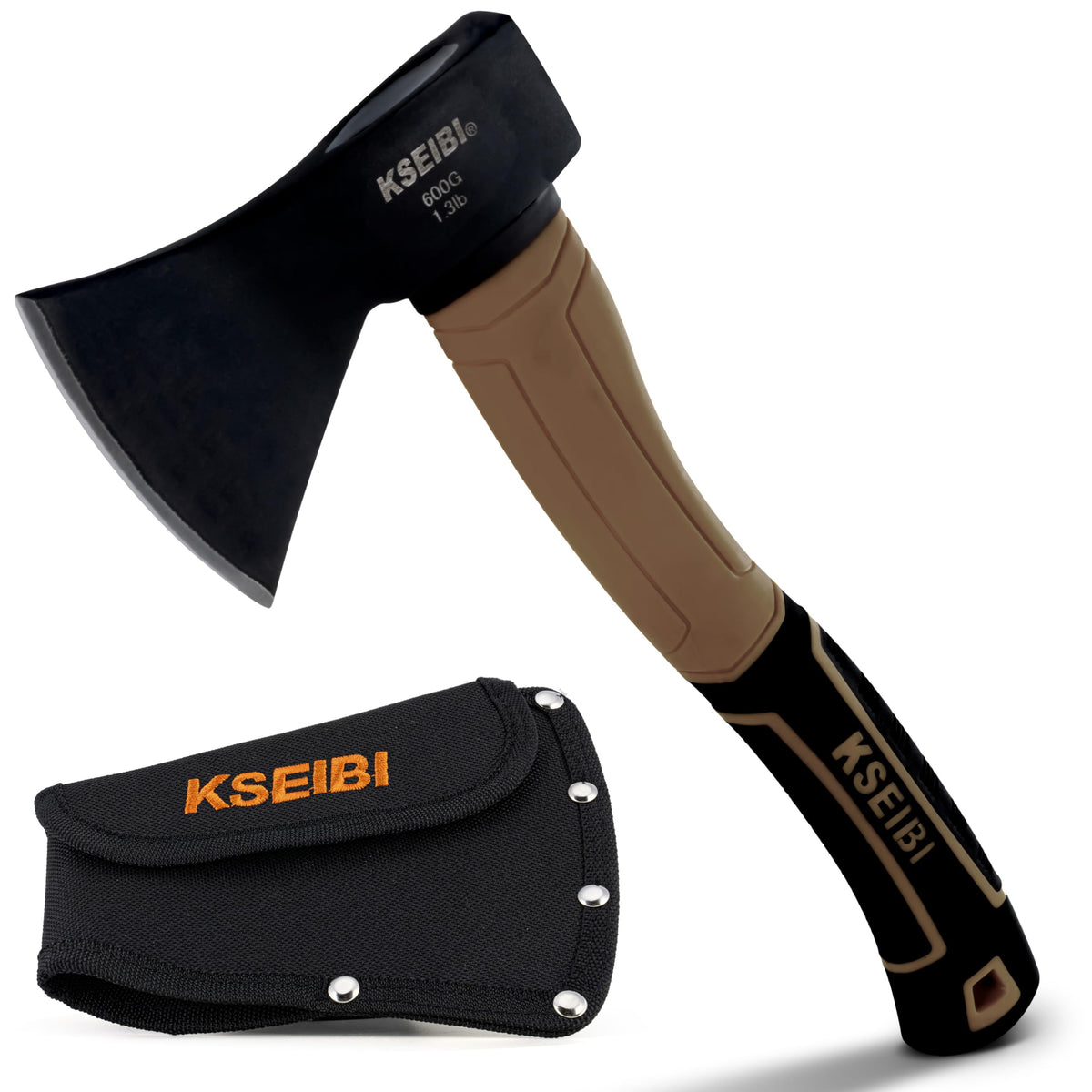 KSEIBI hatchet with sheath shown for safe transport and quick campfire prep.