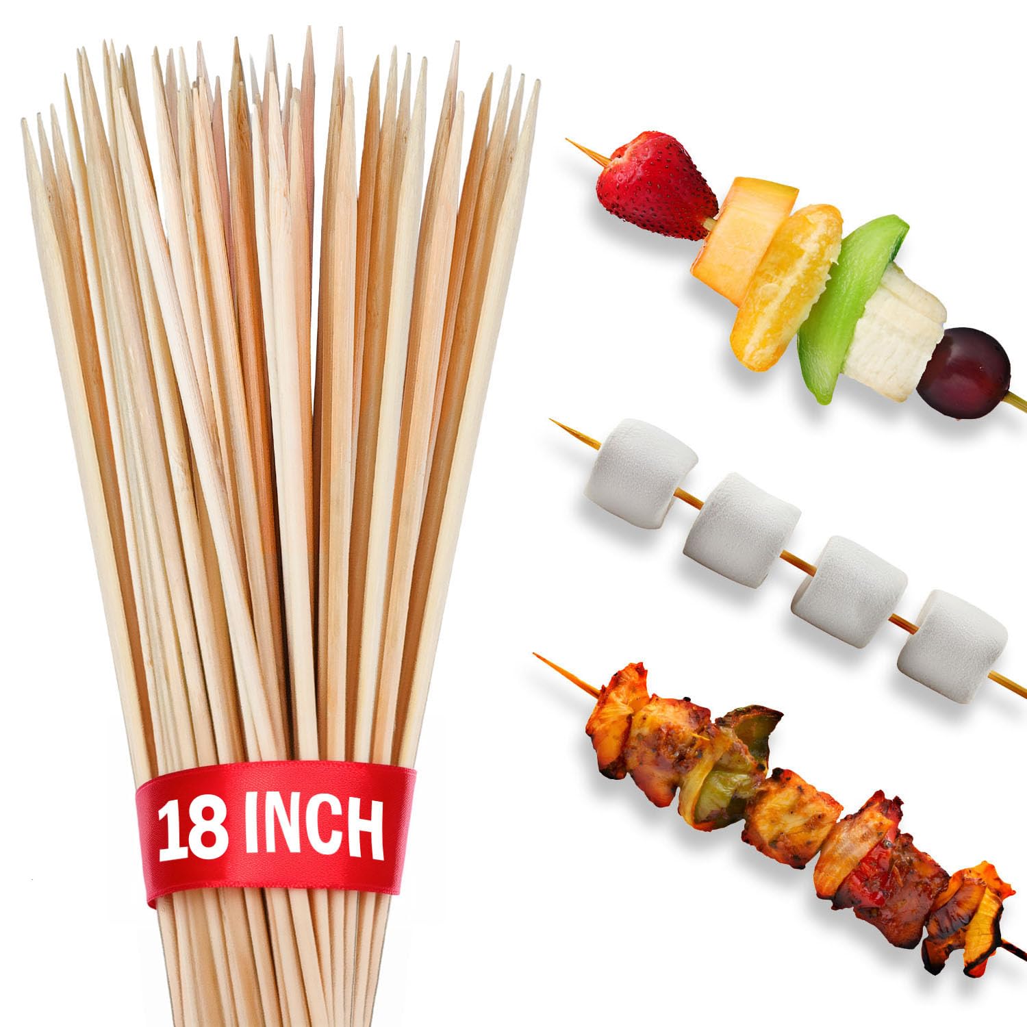 KT Deals bamboo skewers 18-inch pack for BBQ grilling and campfire roasting.