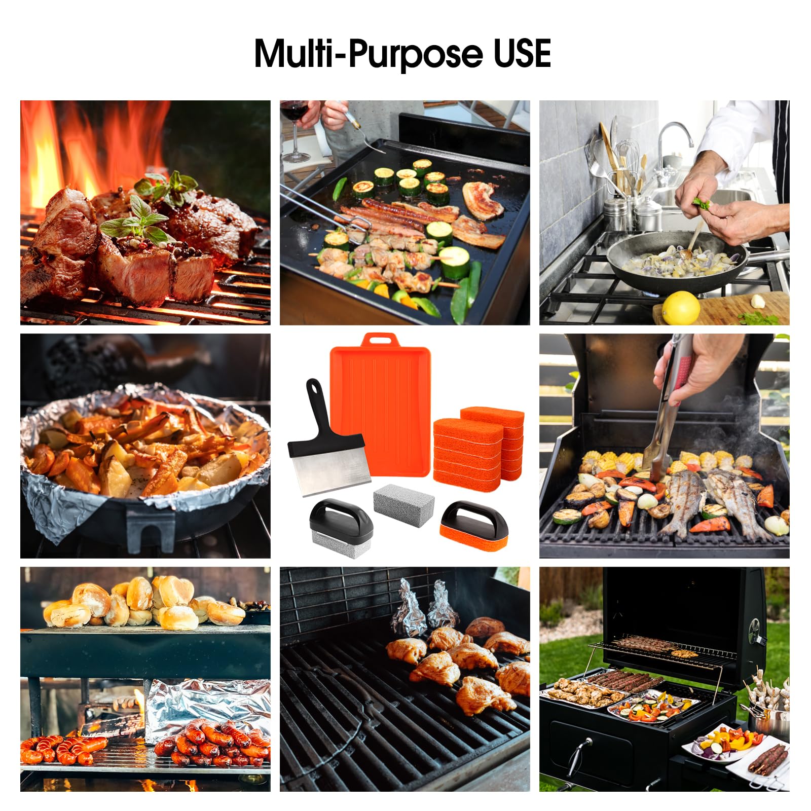KTUOPEE cleaning kit in use on a hot griddle for a spotless finish.