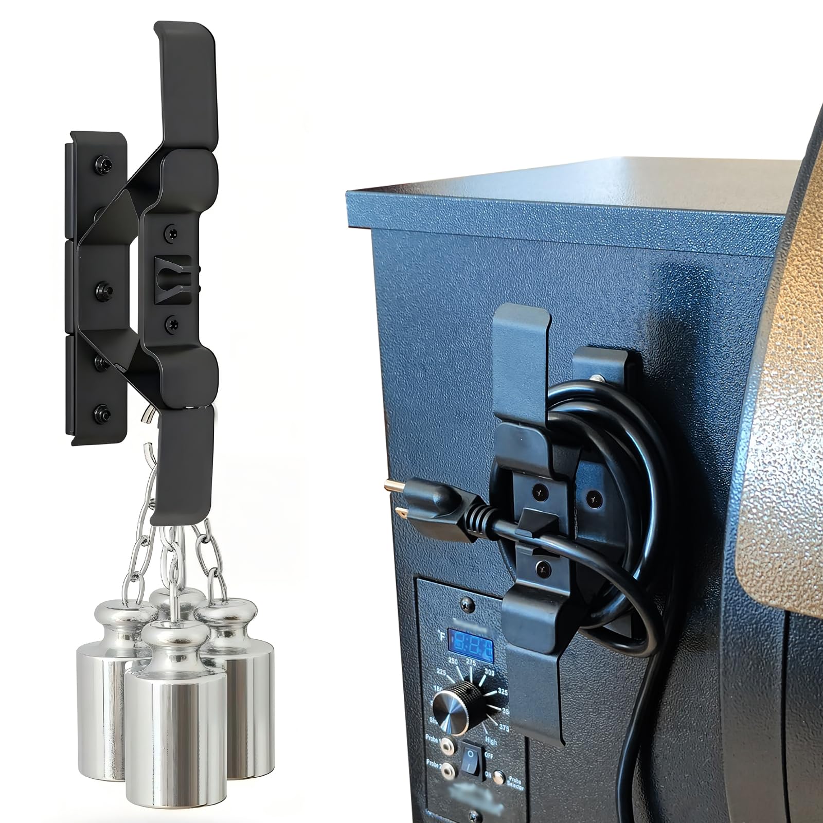 KU-koruo magnetic power cord organizer on a Traeger grill showing secure attachment