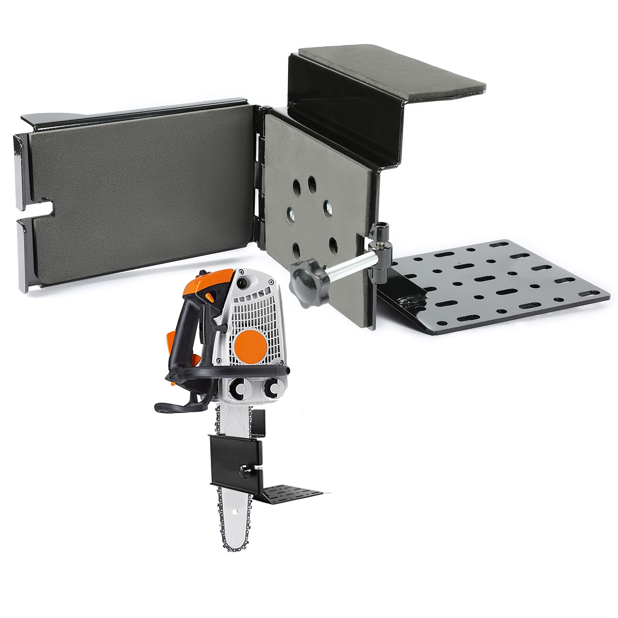 KUAFU universal saw press bracket on ATV rack for secure chainsaw transport