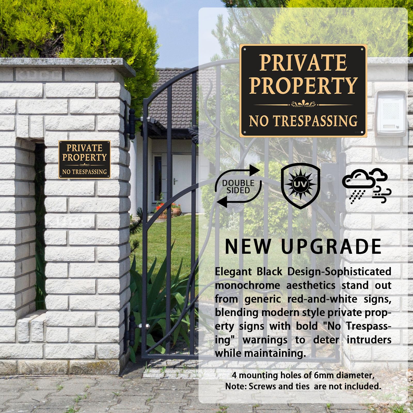 Kuco black design no trespassing sign stands out on fences with bold contrast