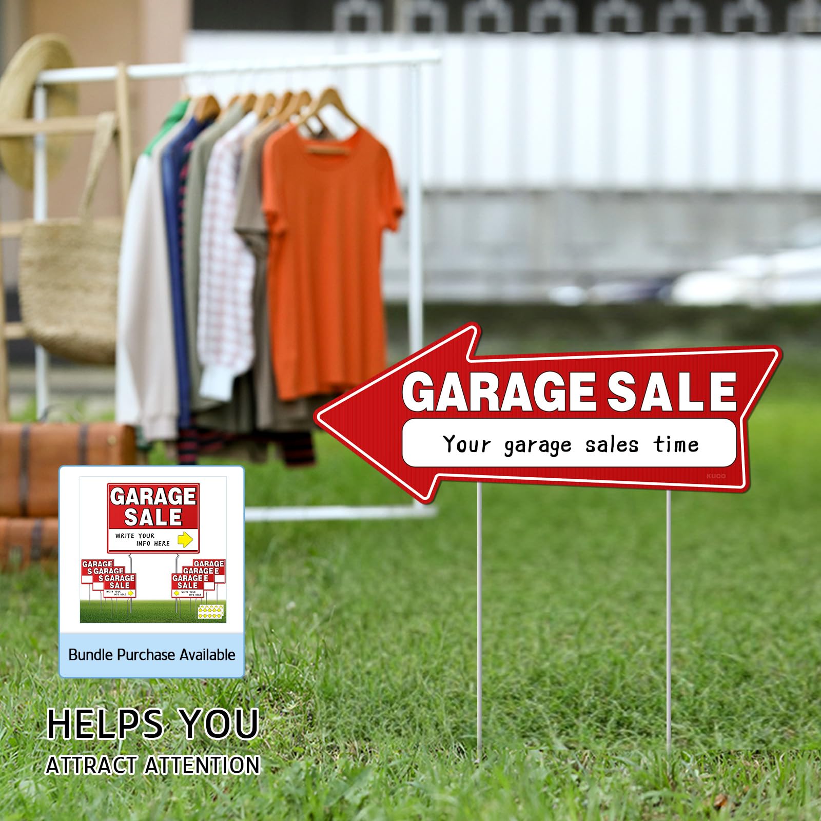 Kuco bright red arrows attract attention at curbside yard sales