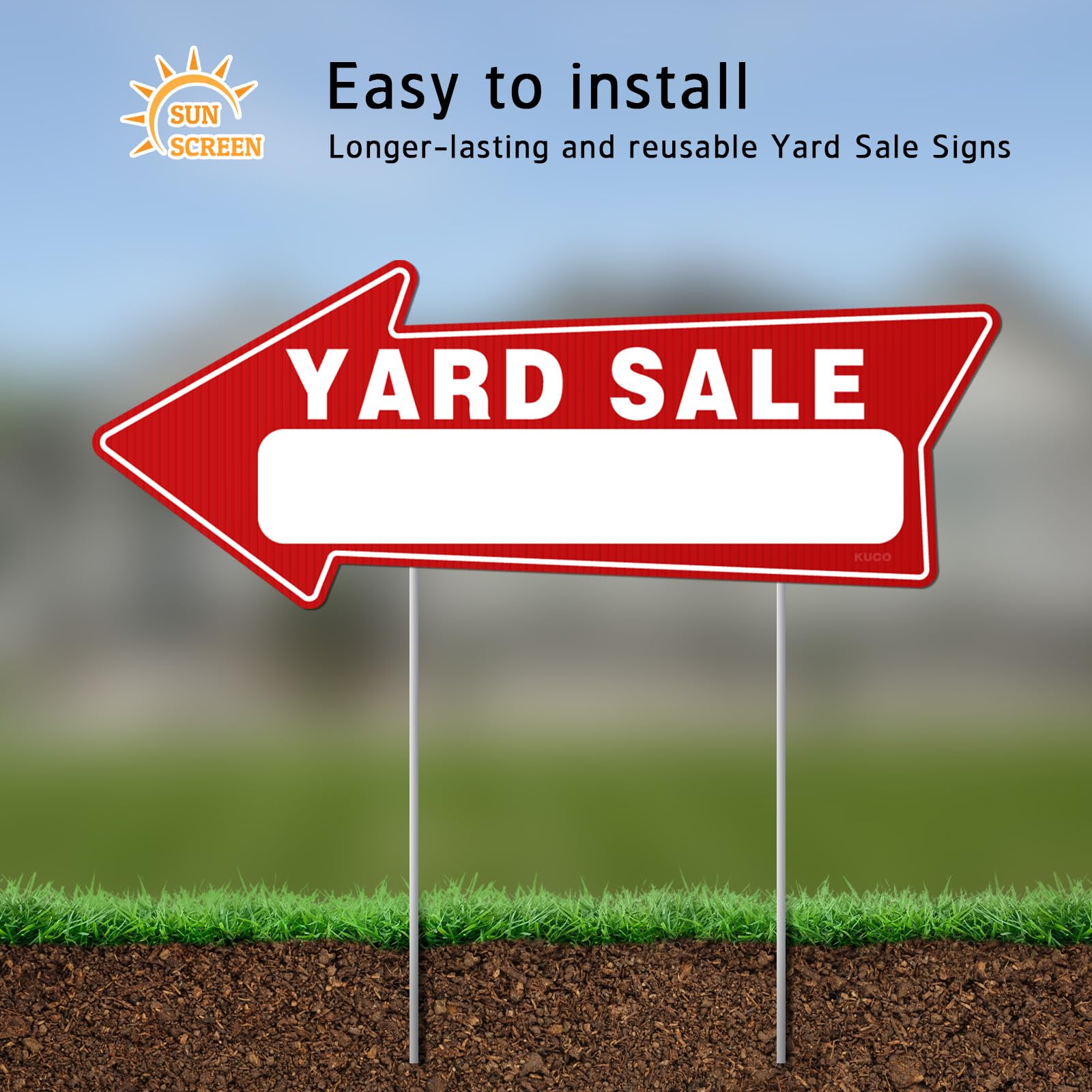 Kuco double-sided yard sale arrows show direction from both ends of the block.