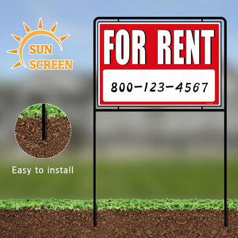 Kuco for rent signs assembled on stakes for quick setup.