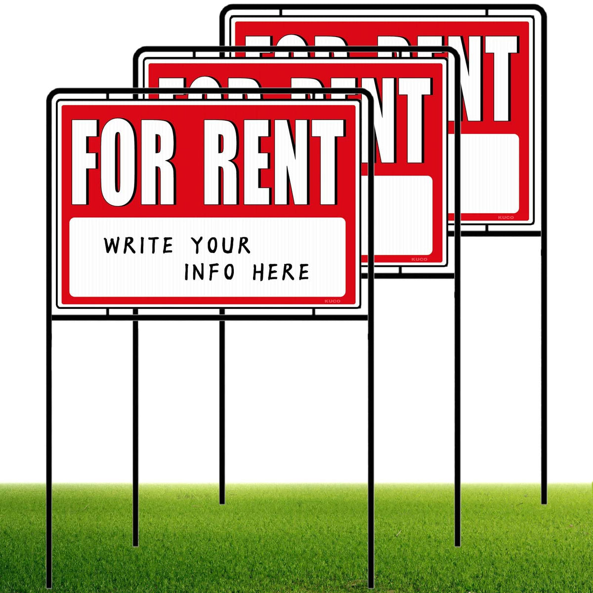 Kuco for rent signs with stakes, double-sided, to increase visibility for listings.