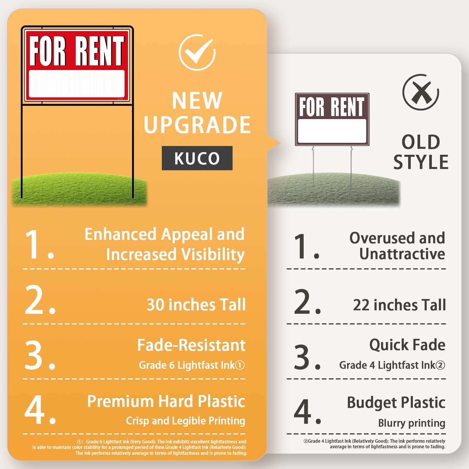 Kuco for rent signs with red design attract attention on the street.