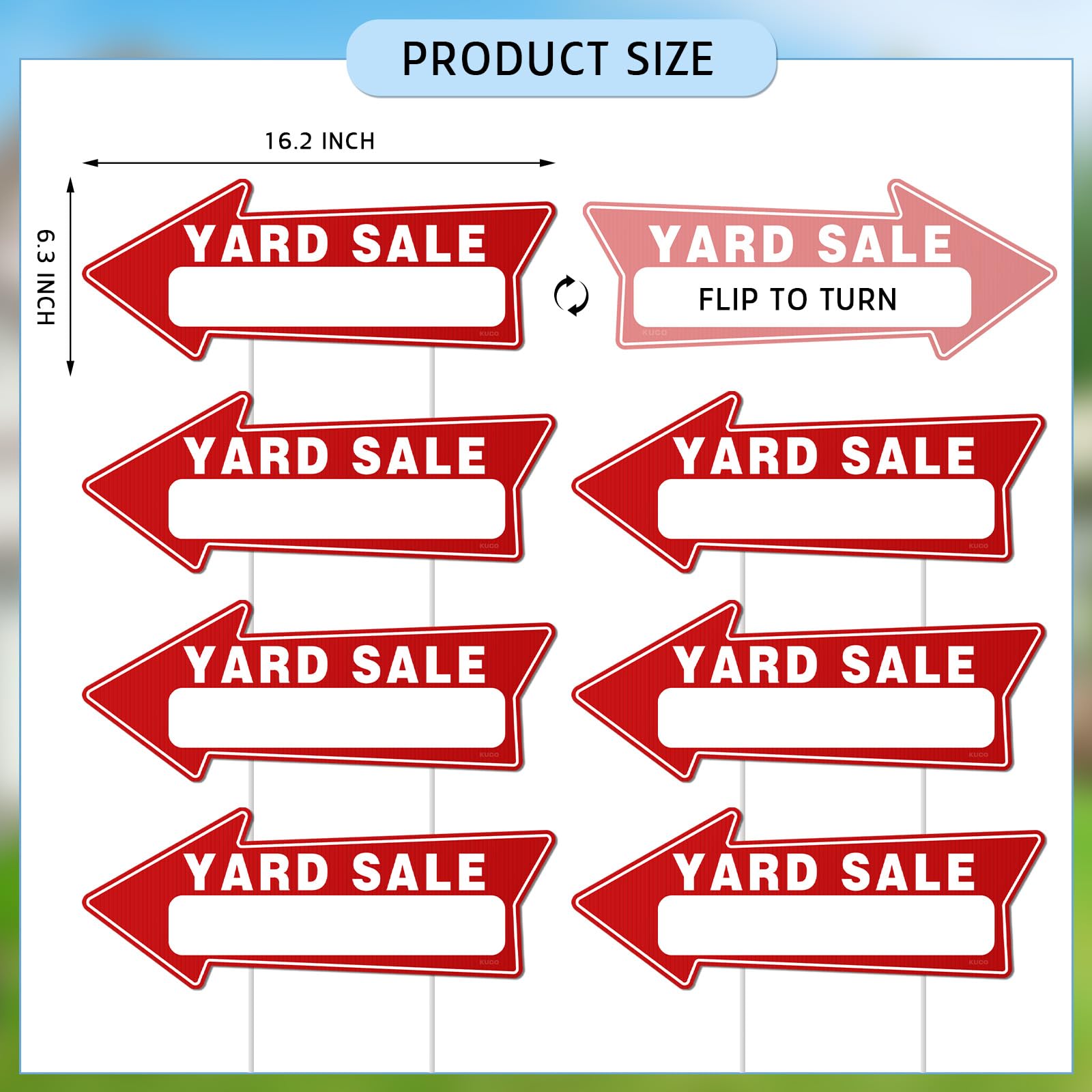 Kuco weather-resistant yard sale signs stay bright in sun and rain.