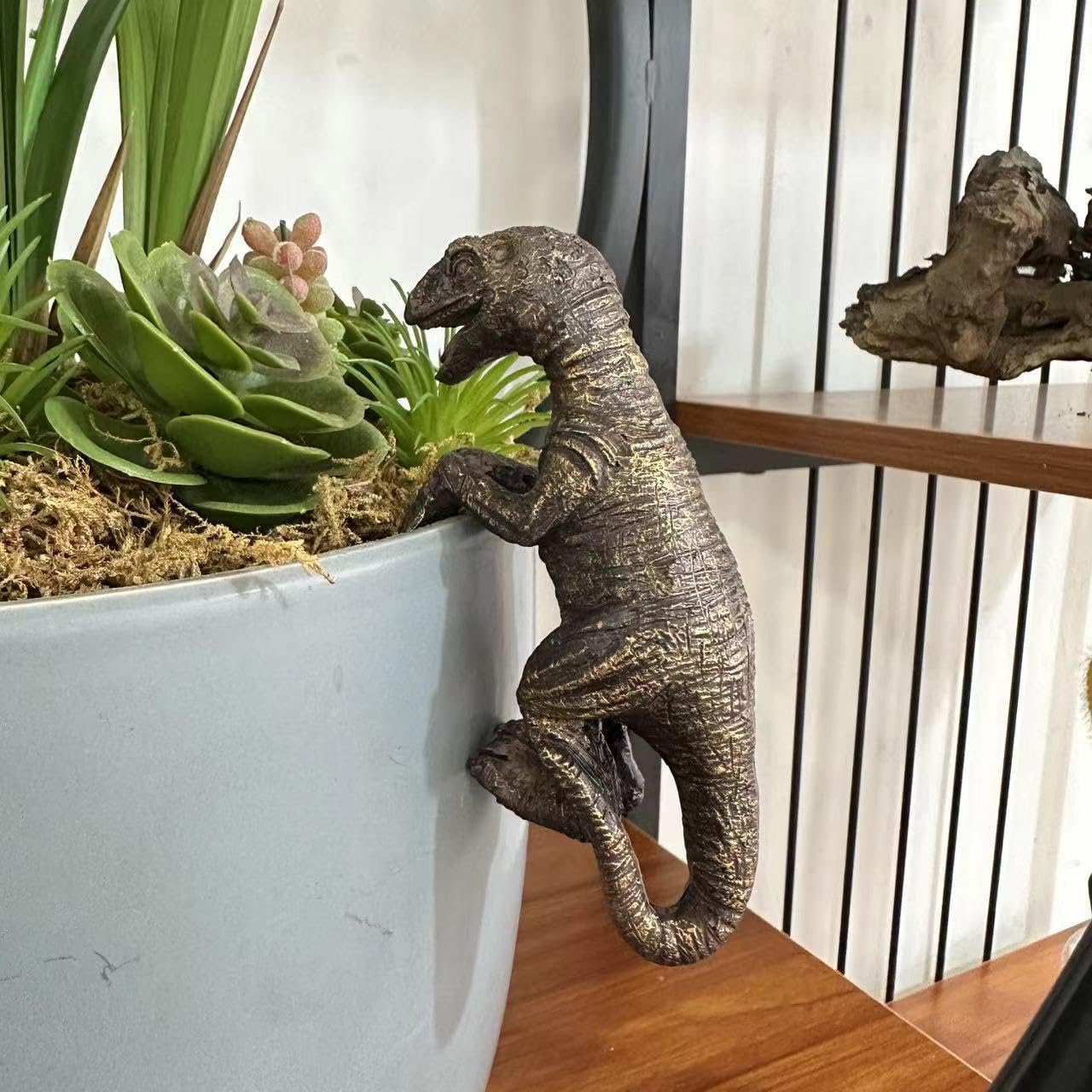 Kudriod dinosaur flower pot hugger figurine indoor display on a shelf