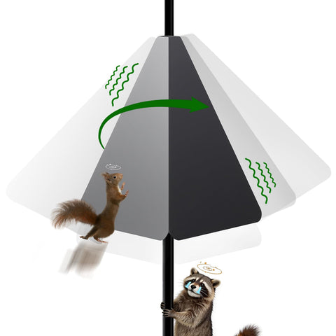 Kuguar Squirrel Baffle on round pole protects feeder from squirrels.