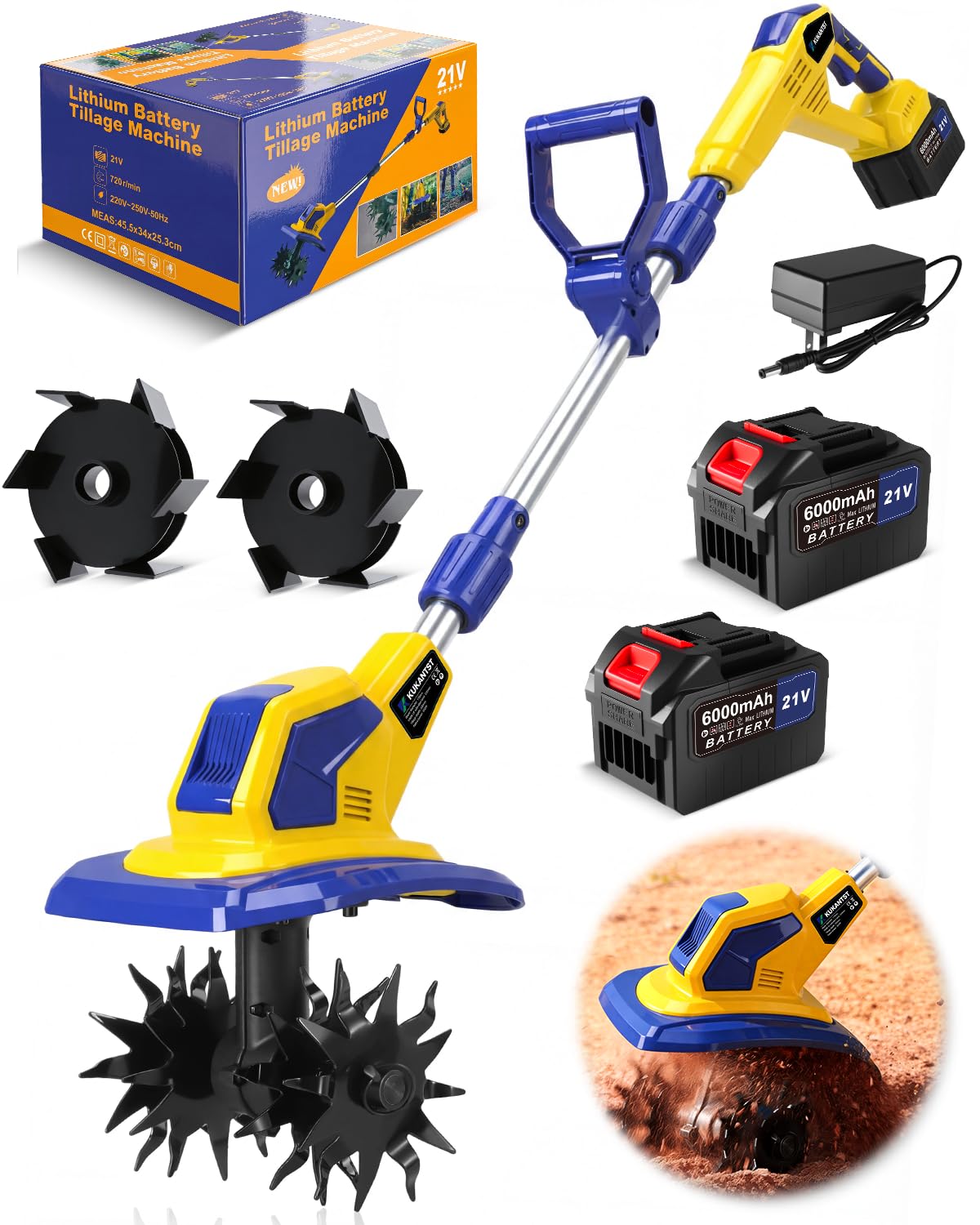 KUKANTST 21V tiller front view shows cordless power for easy garden prep