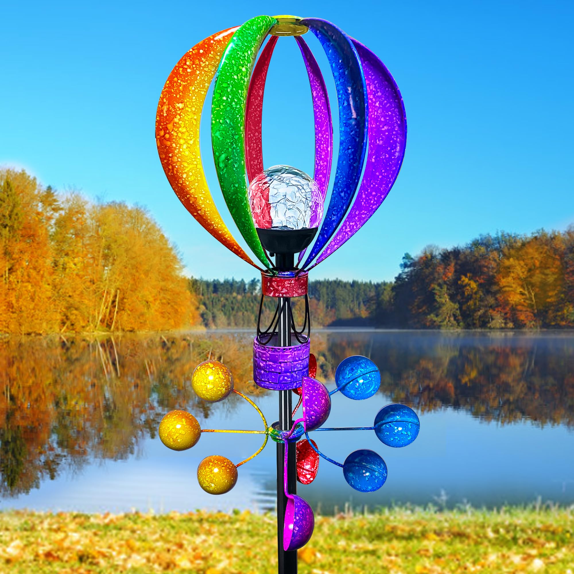 KUKEO Solar Wind Spinner outdoor balloon spins in breeze for vibrant garden decor.