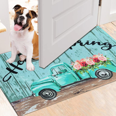 Kukli Kitchen floral truck welcome mat suits entryways, foyers, patios and kitchens.