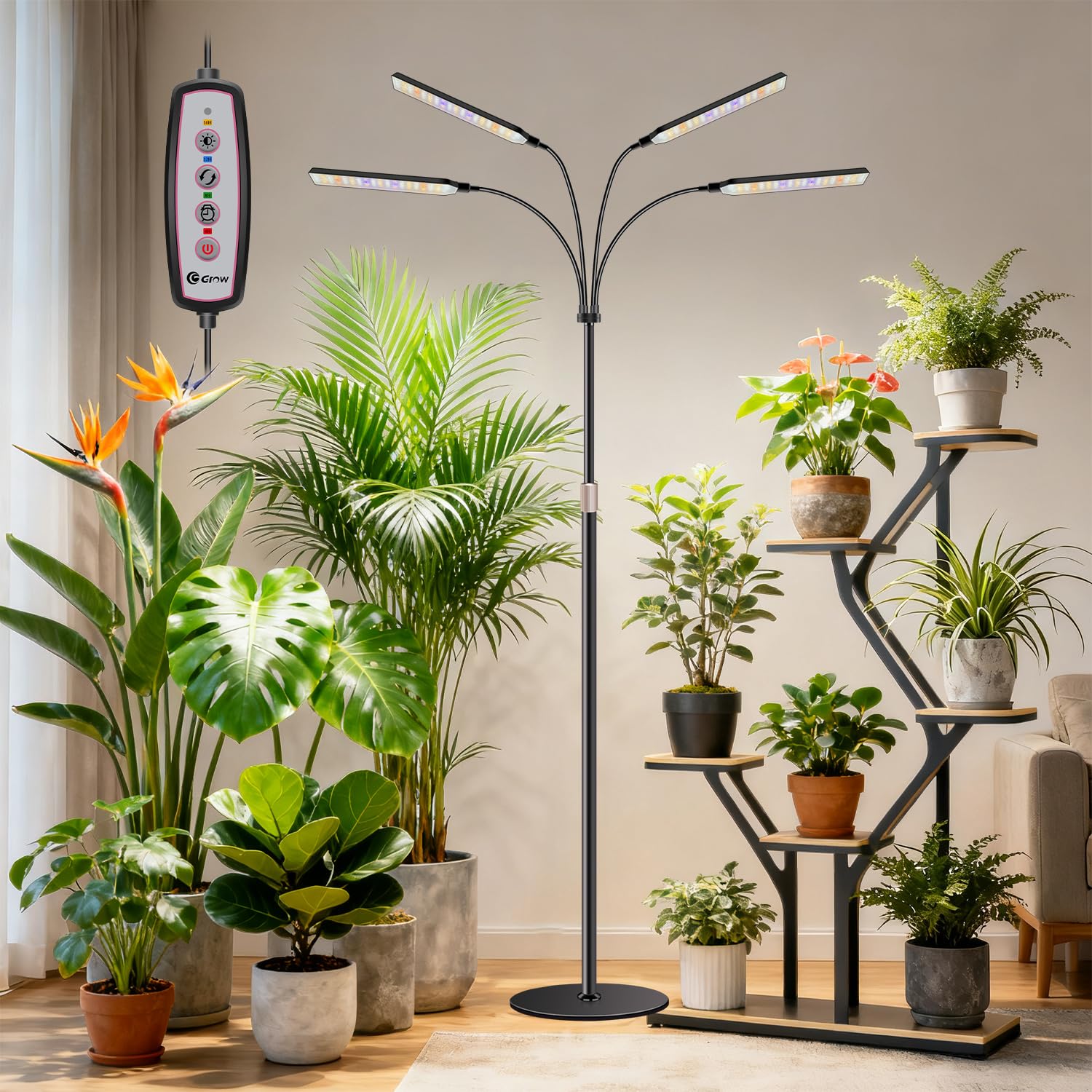 Kullsinss 4-head grow light on stand provides broad coverage for indoor plants.