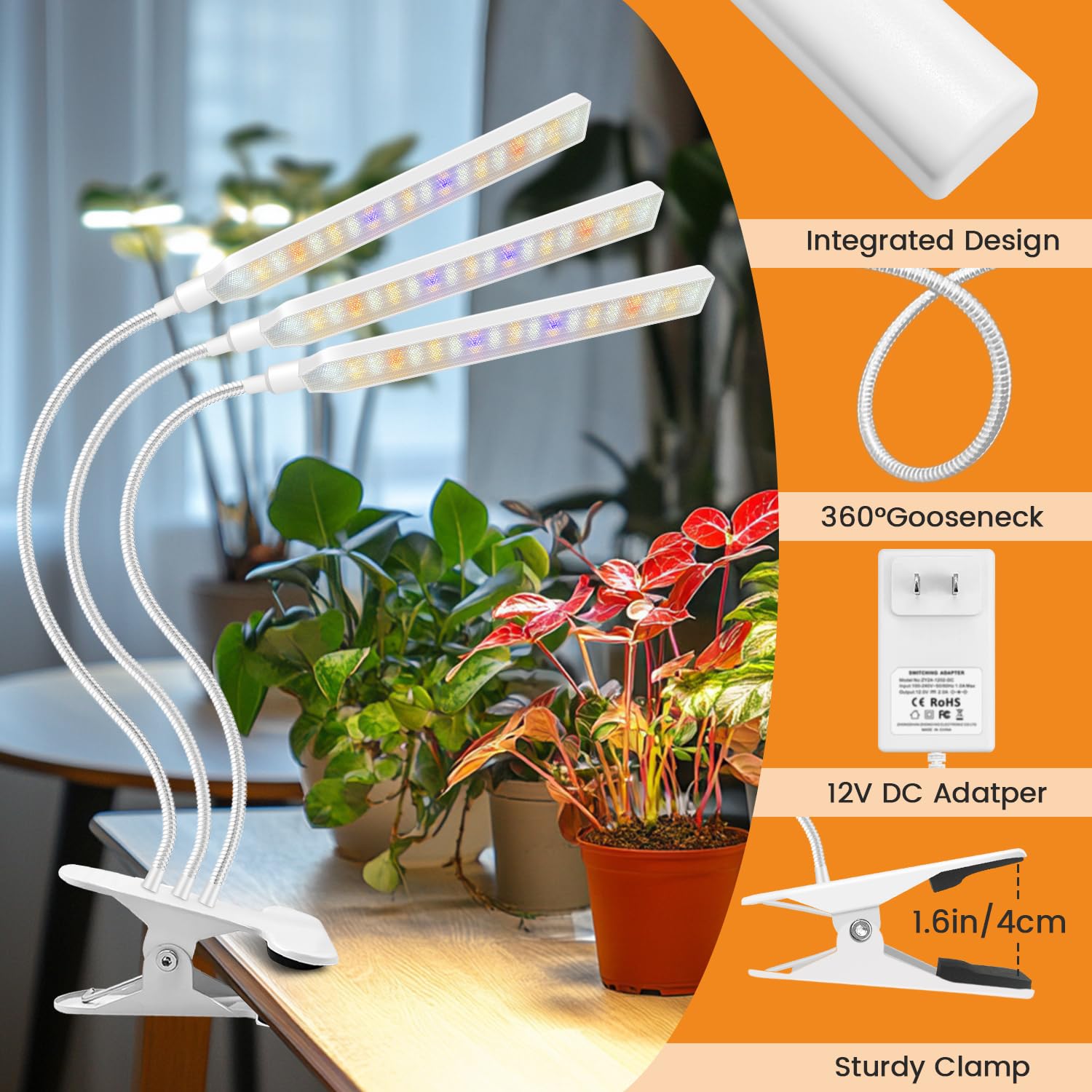 Kullsinss White Grow Light strong clamp protects surfaces while clipping on