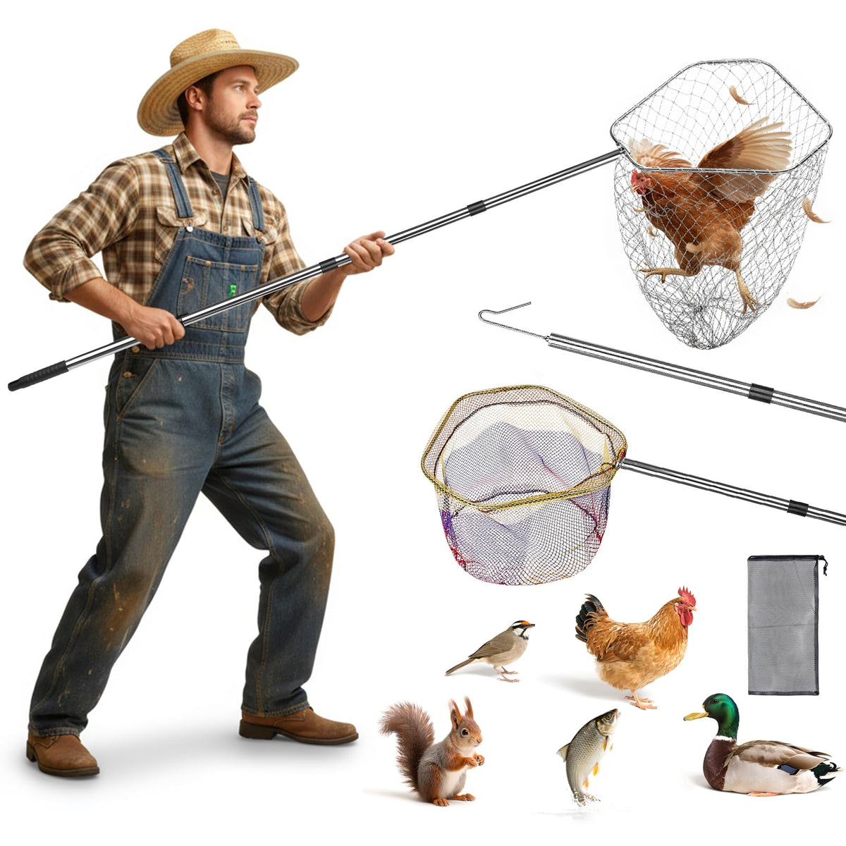 KUNELL PAPO chicken net catcher 3-in-1 kit assembled for easy handling and quick captures.