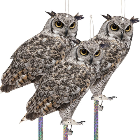 Kungfu Mall owl 3-pack hanging display deters birds in the garden.