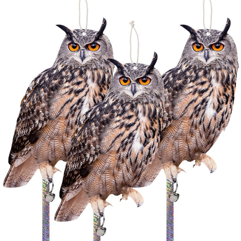 Kungfu Mall owl 3-pack hanging in garden deters pigeons safely and humanely.