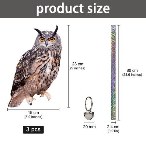 Kungfu Mall owl with reflective tape deters birds from a distance.