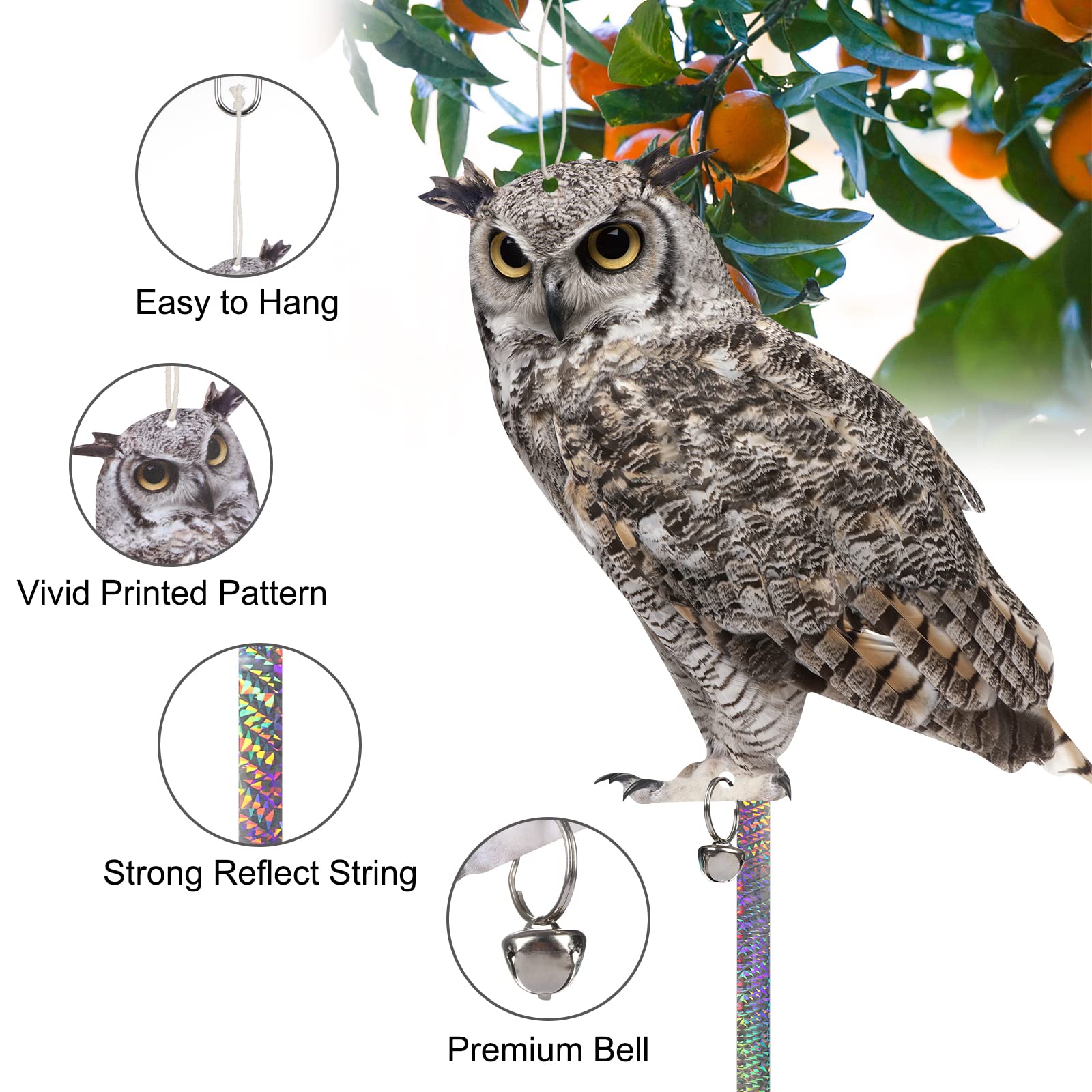 Kungfu Mall owl with reflective tape enhances nighttime bird deterrence.