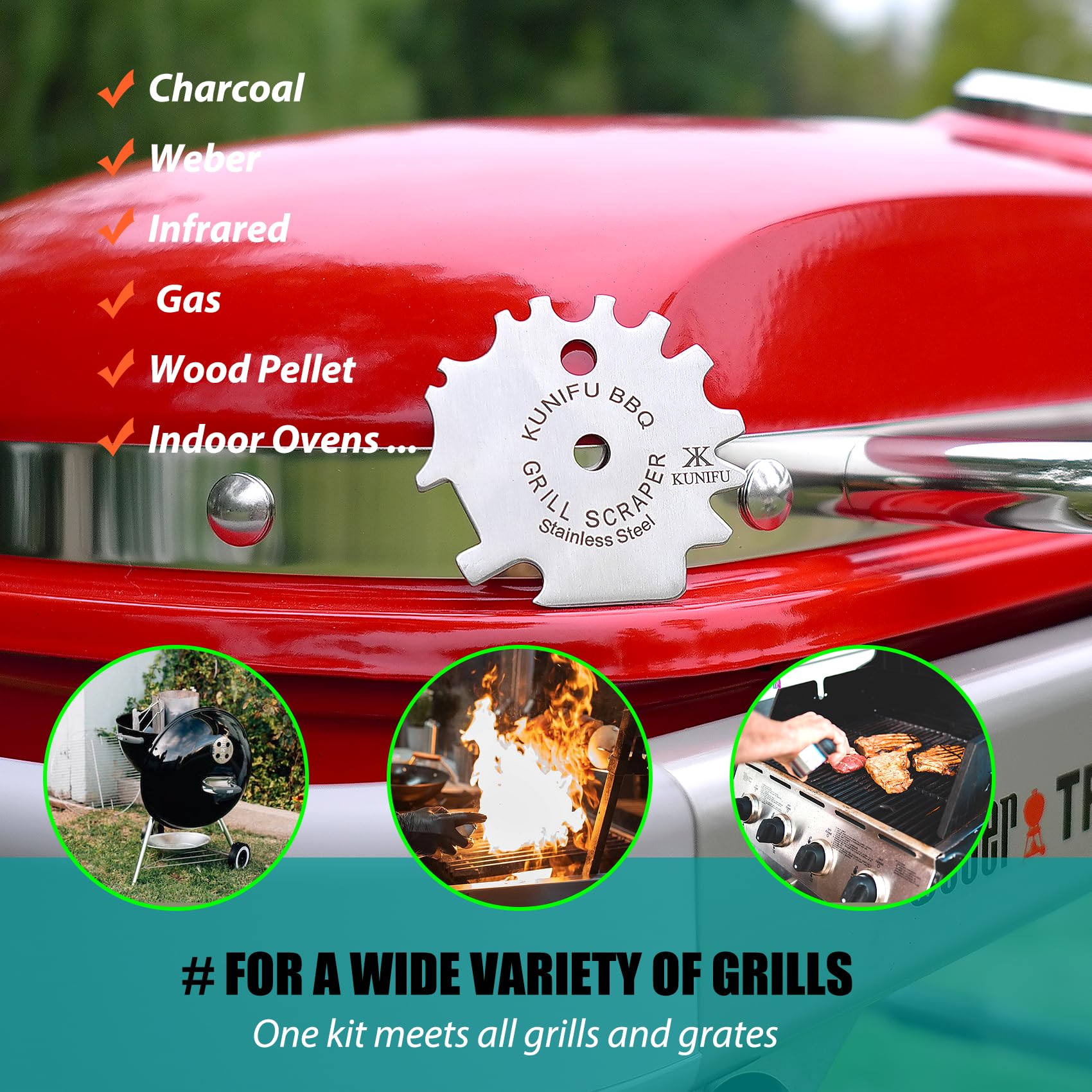 KUNIFU universal-fit grill scraper for broad compatibility
