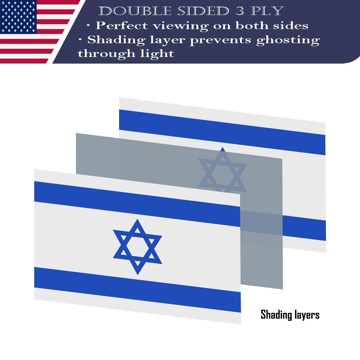 KUOKIP Israel flag 3x5 back view, readable on both sides.