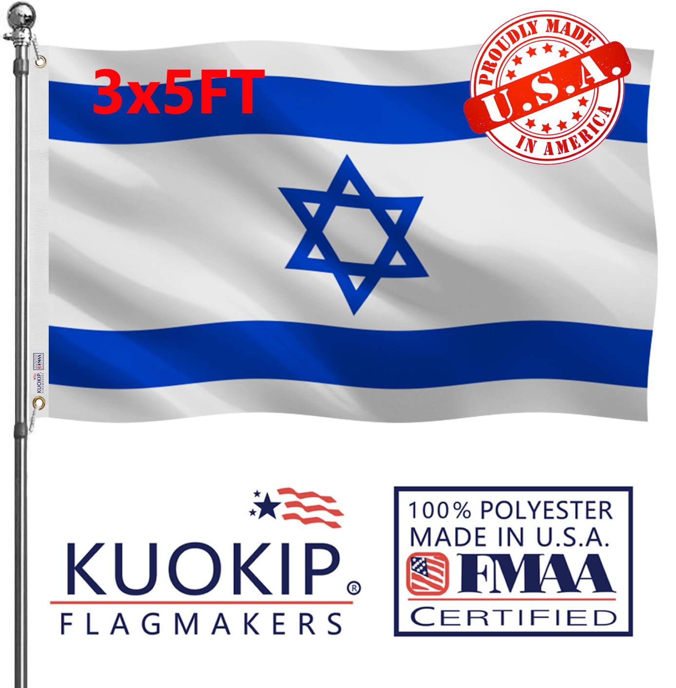 KUOKIP Israel flag 3x5 front view for bold outdoor display with crisp colors.