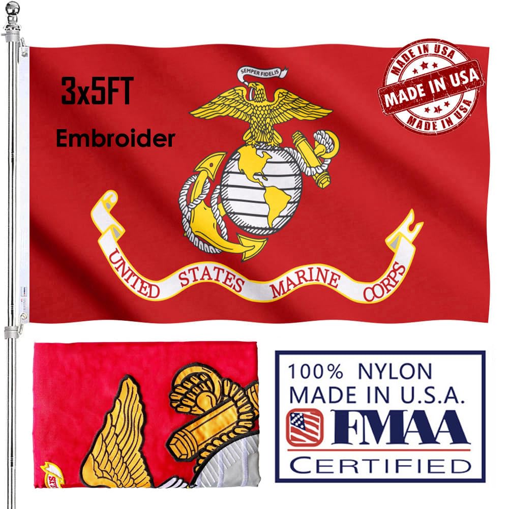 KUOKIP USMC flag 3x5 outdoor ready, embroidered double-sided for clear visibility