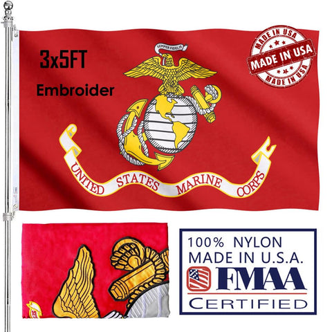 KUOKIP USMC flag 3x5 outdoor ready, embroidered double-sided for clear visibility